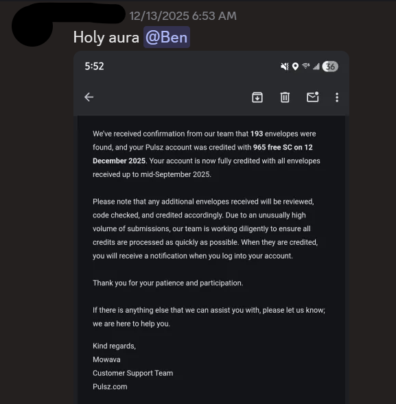 Client proof - 193 envelopes, 965 free SC credited on Pulsz