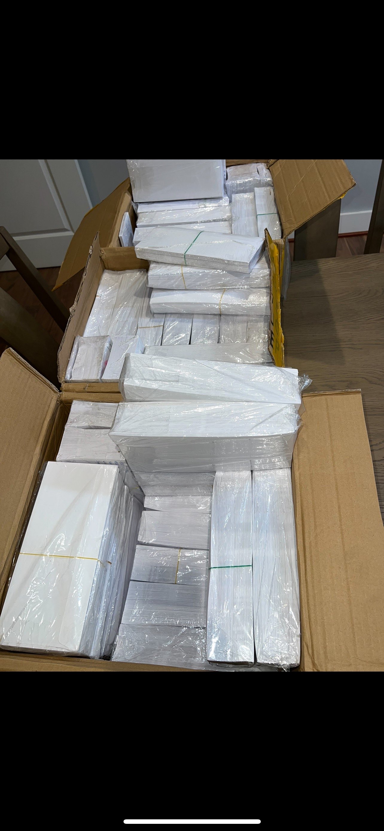 Boxes of printed envelopes ready to mail